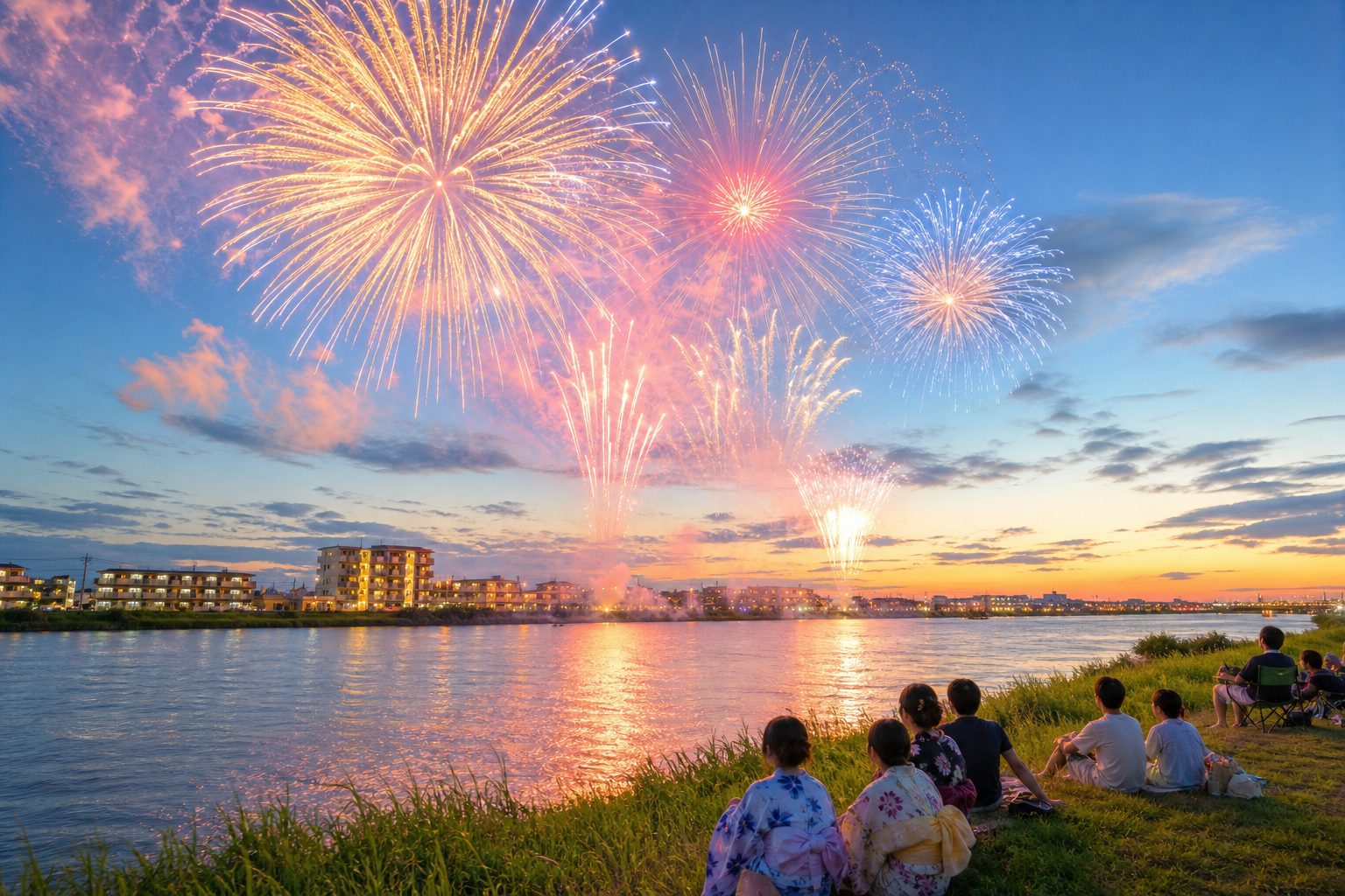 Itabashi Fireworks over the Arakawa River at twilight