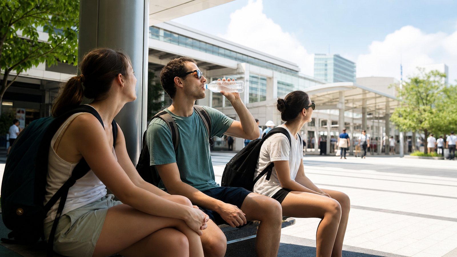Tourists resting in shade near a Tokyo station on a hot summer day