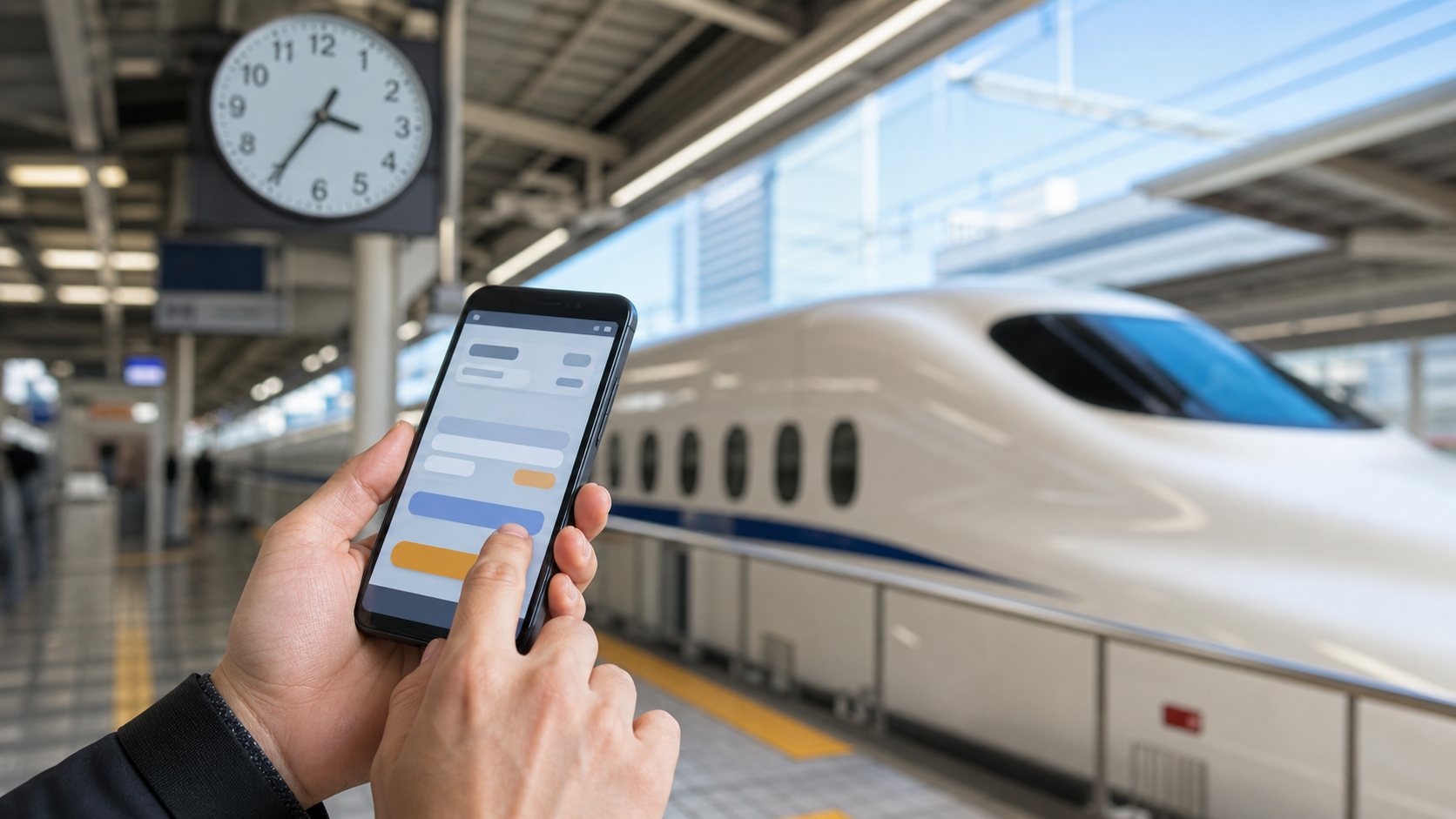 Traveler changing a Shinkansen reservation on a smartphone before departure