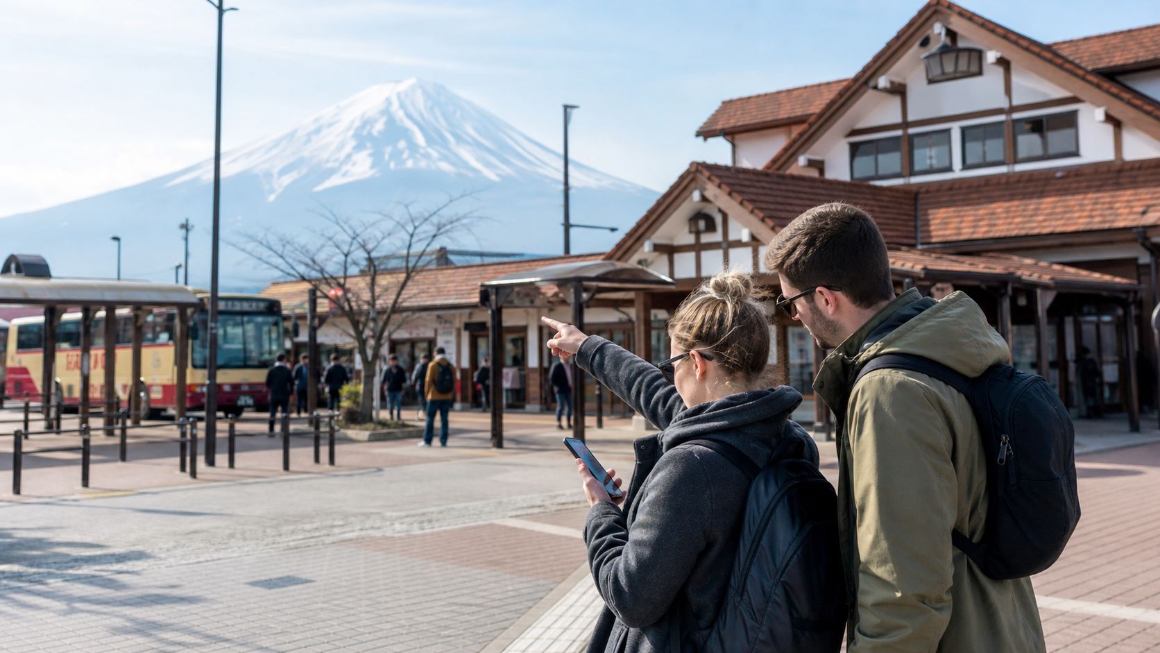 Visitors orienting themselves outside Kawaguchiko Station