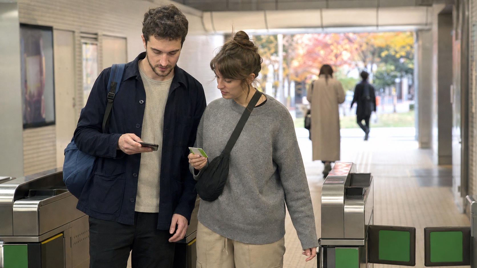 Travelers choosing a Kyoto subway route before sightseeing
