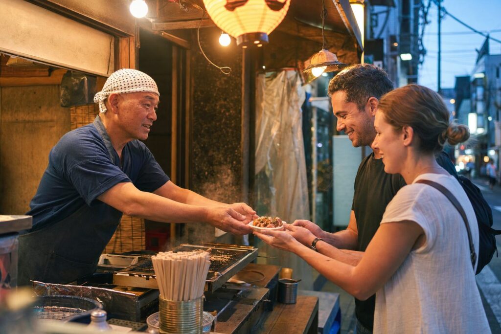 Local shop owner serves food to visitors at a neighborhood festival
