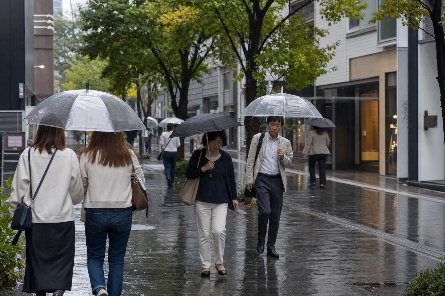 Pedestrians carrying umbrellas on a rainy Tokyo street in October