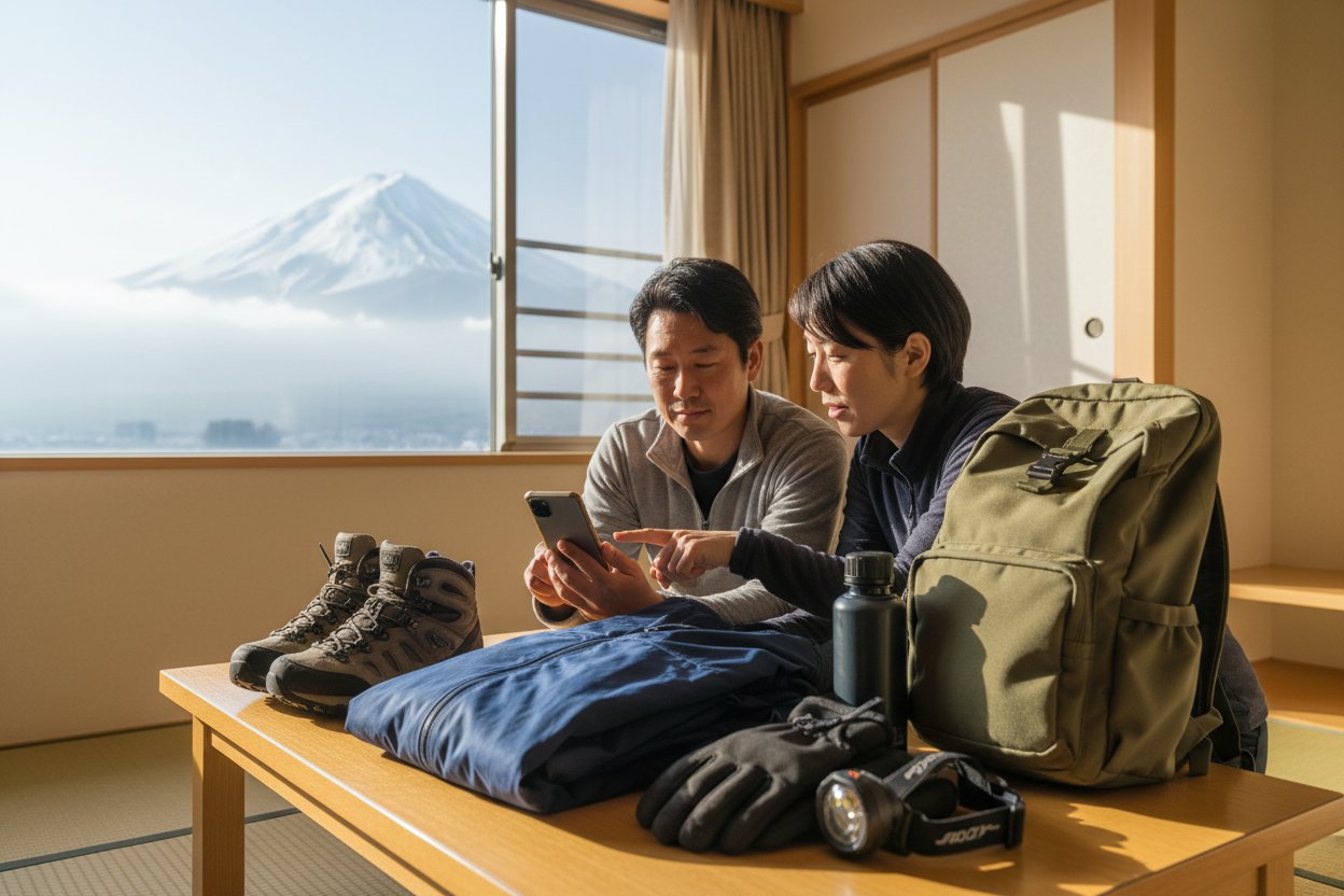Travelers checking Mount Fuji plans beside proper hiking equipment