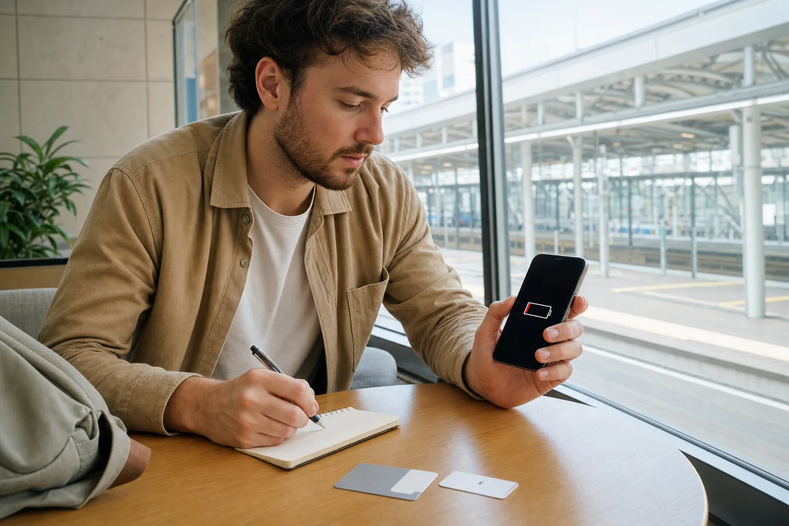 Traveler saving hotel, route, ticket and meeting details before a phone battery dies in Japan.