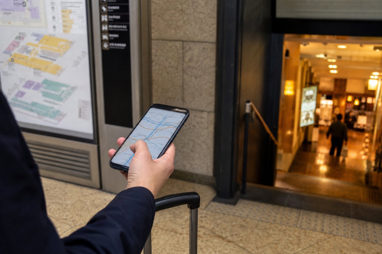 Traveler checking restaurant backup options on a phone near a Tokyo station building.