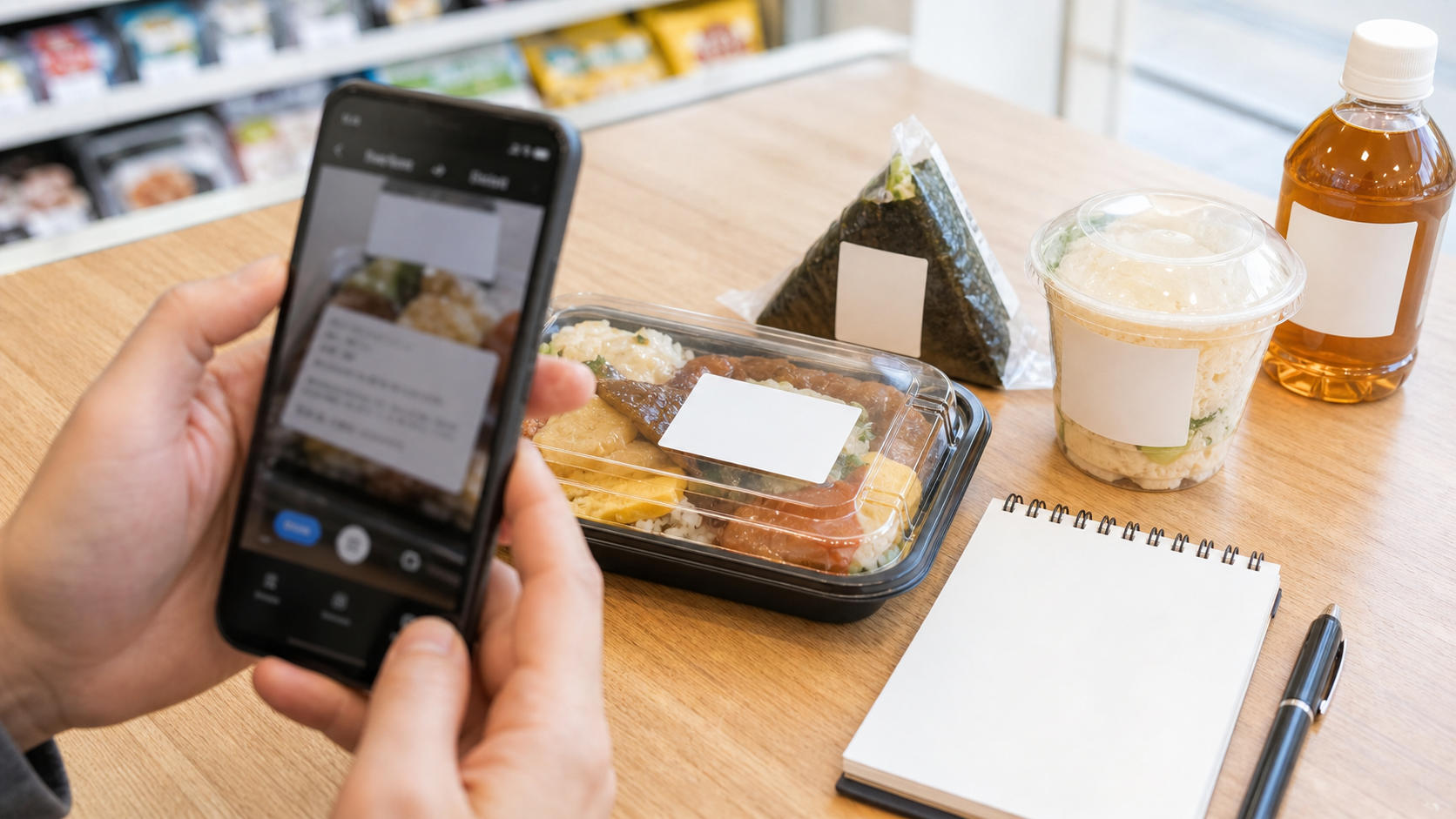 Photo-real AI image of packaged Japanese food, a phone, and an allergy card used for label checking.