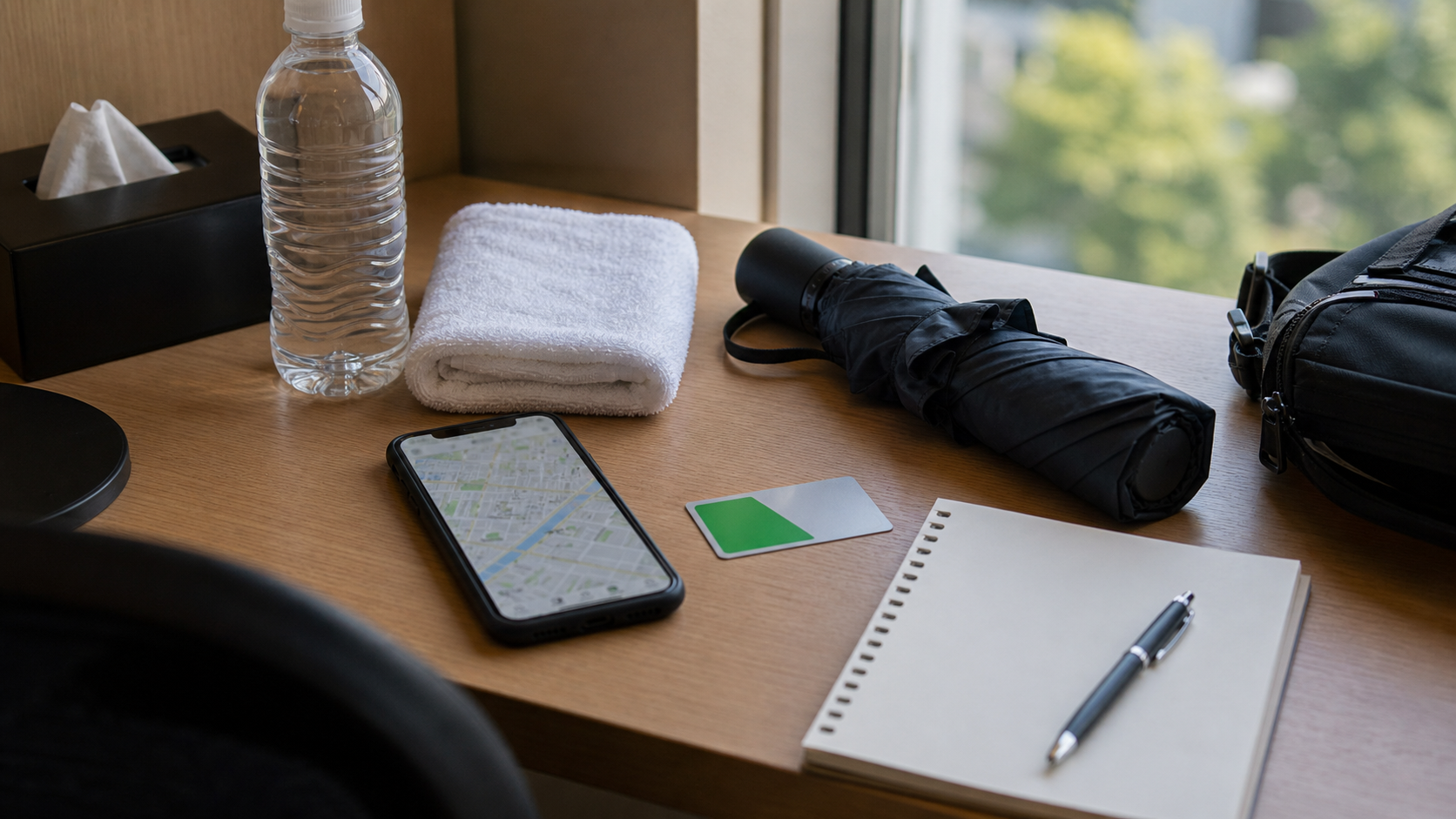 Traveler's festival planning essentials on a hotel desk.