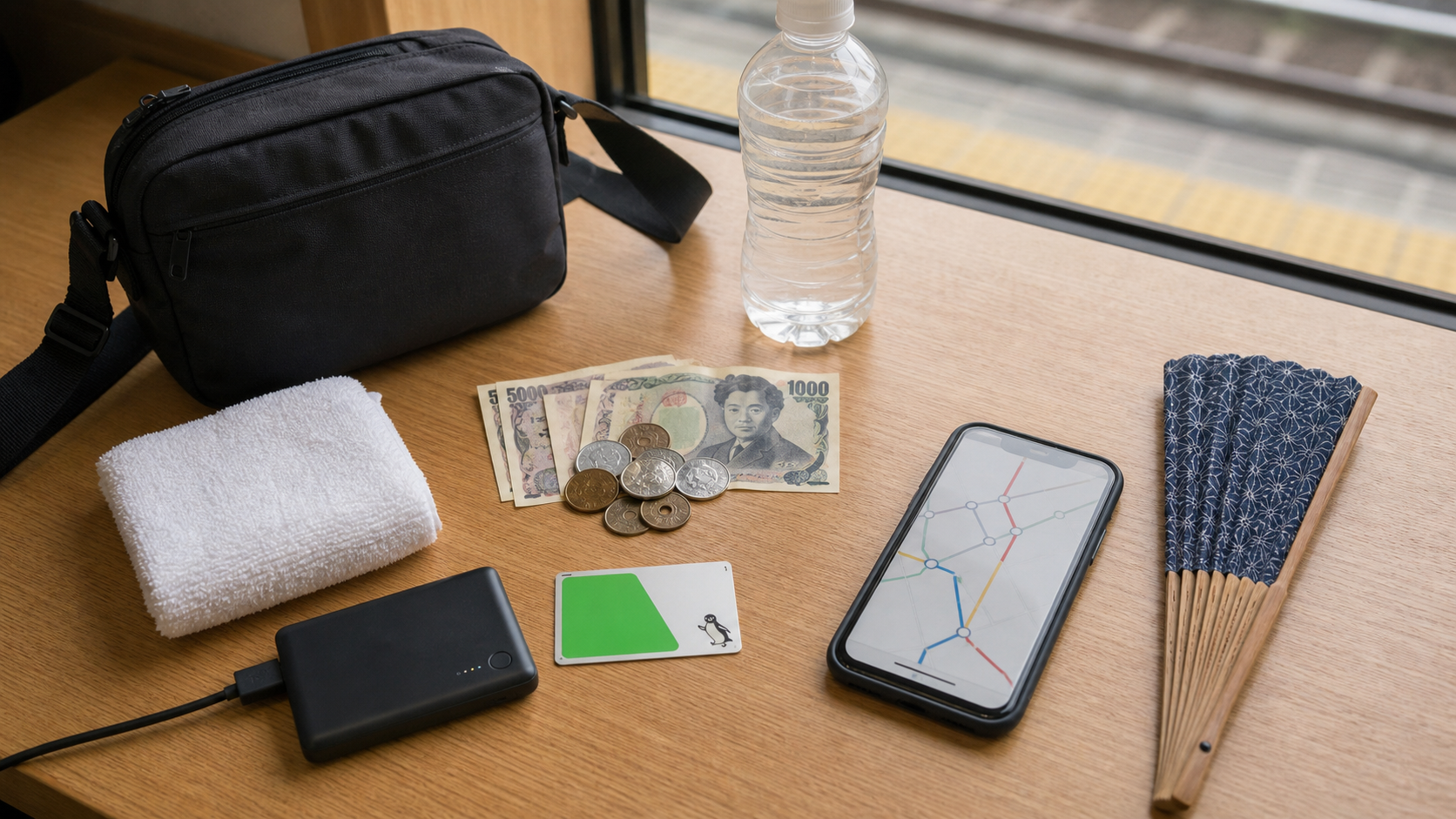 Photo-real AI image of a phone, IC card, small cash, water, and towel prepared before a festival.