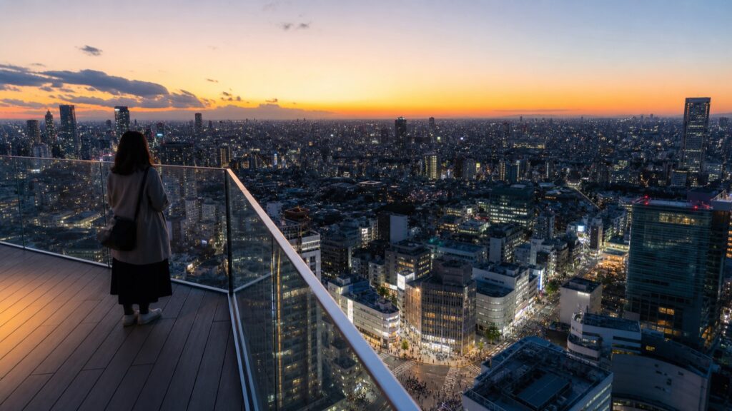 Open-air observation deck above Shibuya at sunset