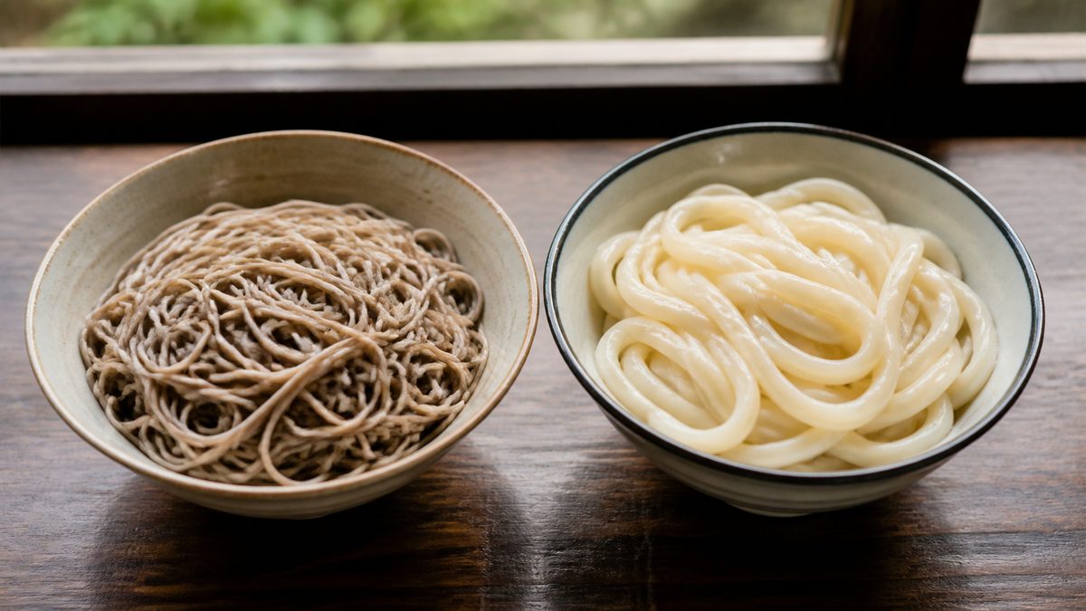 Soba and udon noodles served side by side for comparison