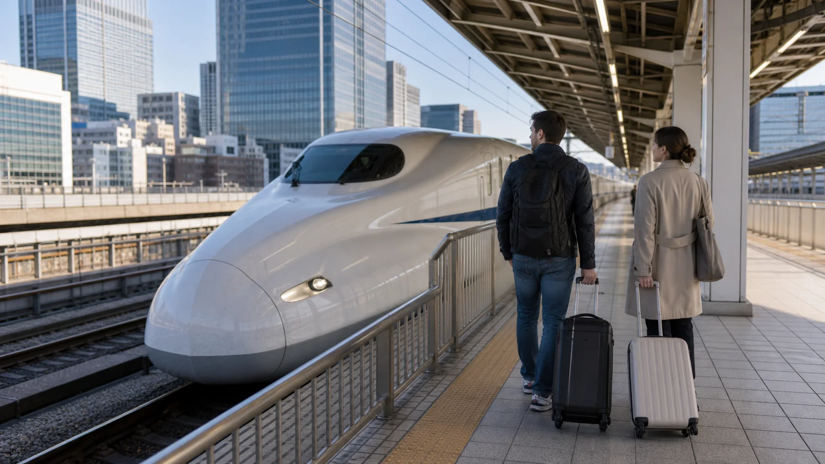 Travelers with luggage beside a Shinkansen at a Tokyo station
