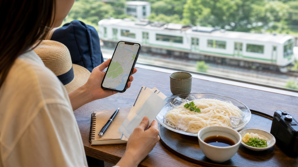 Tokyo day-trip planning table with cold somen and travel notes