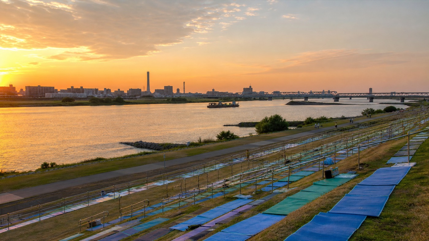 Arakawa riverside venue seating at sunset before Koto Fireworks