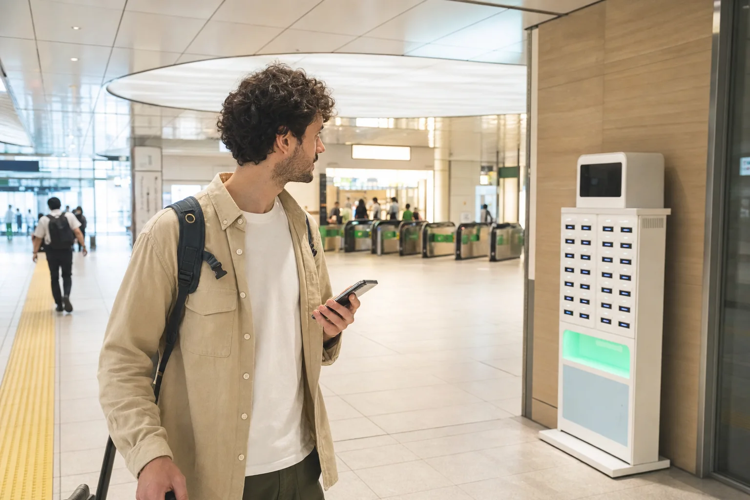 Traveler checking a mobile battery rental stand while choosing a charging option in Japan.