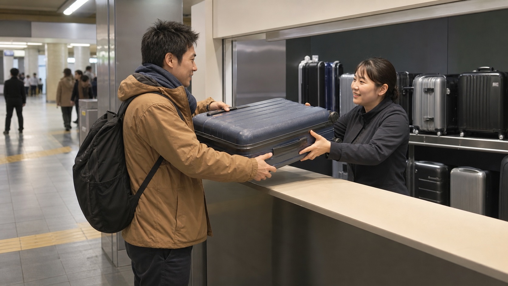 Traveler leaving a suitcase at a staffed luggage counter in Kyoto Station