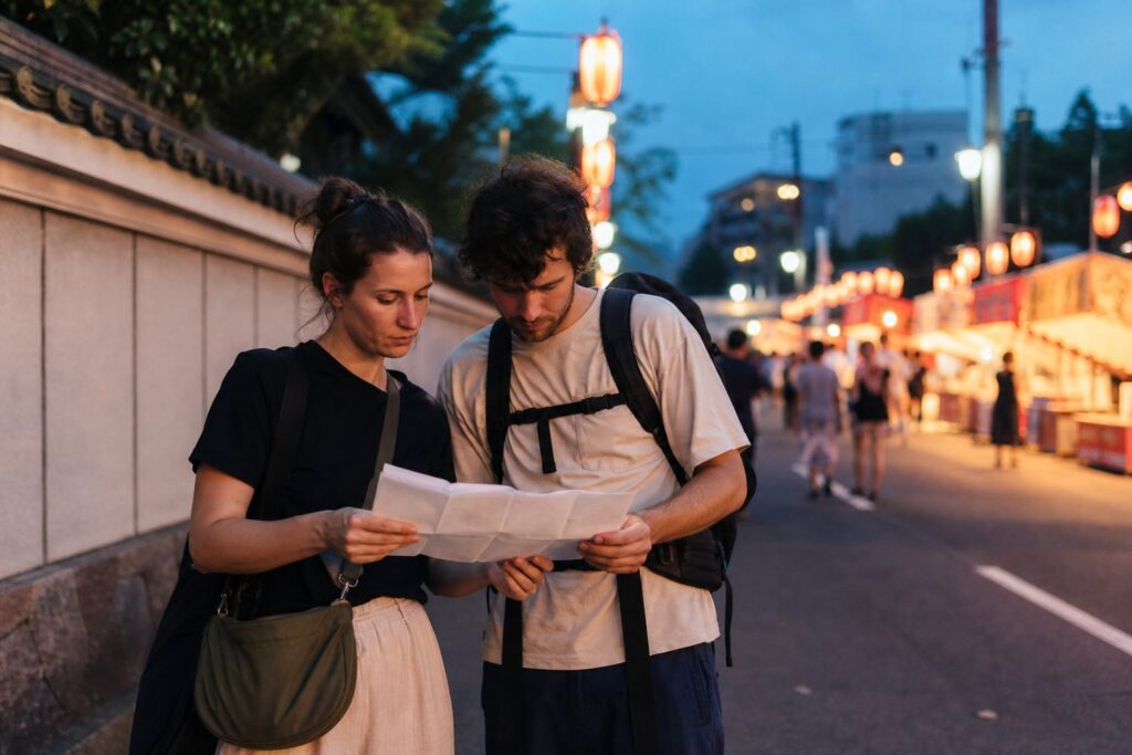 Travelers review a simple plan at the edge of a summer festival