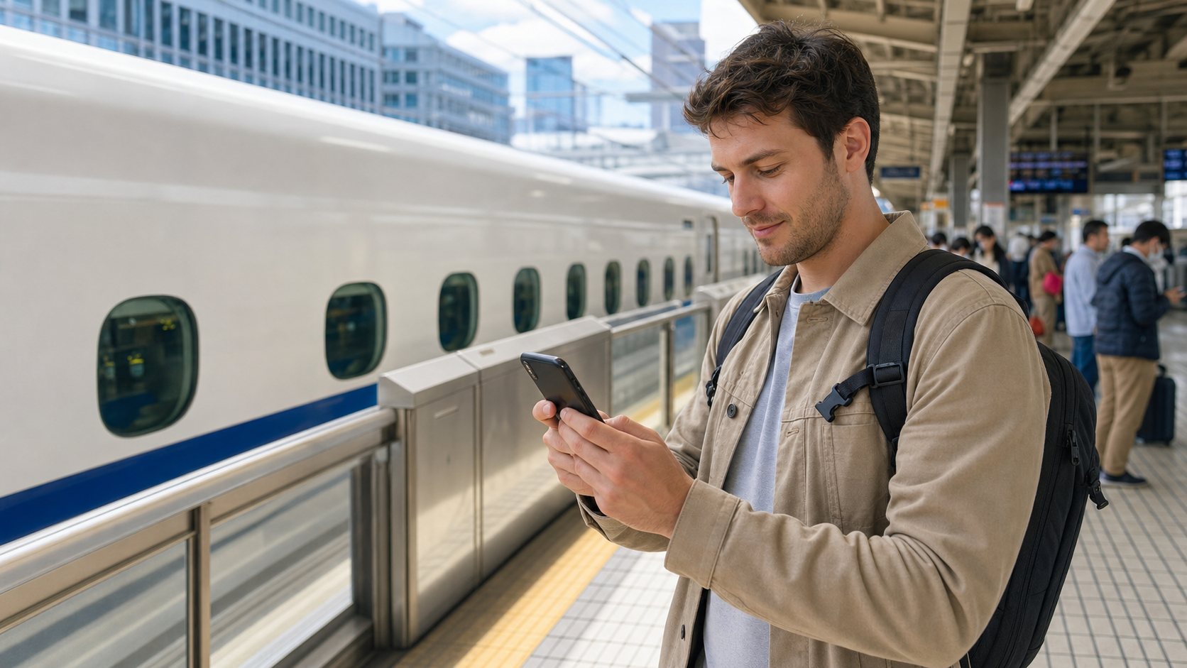 Traveler checking a SmartEX booking beside a Shinkansen platform