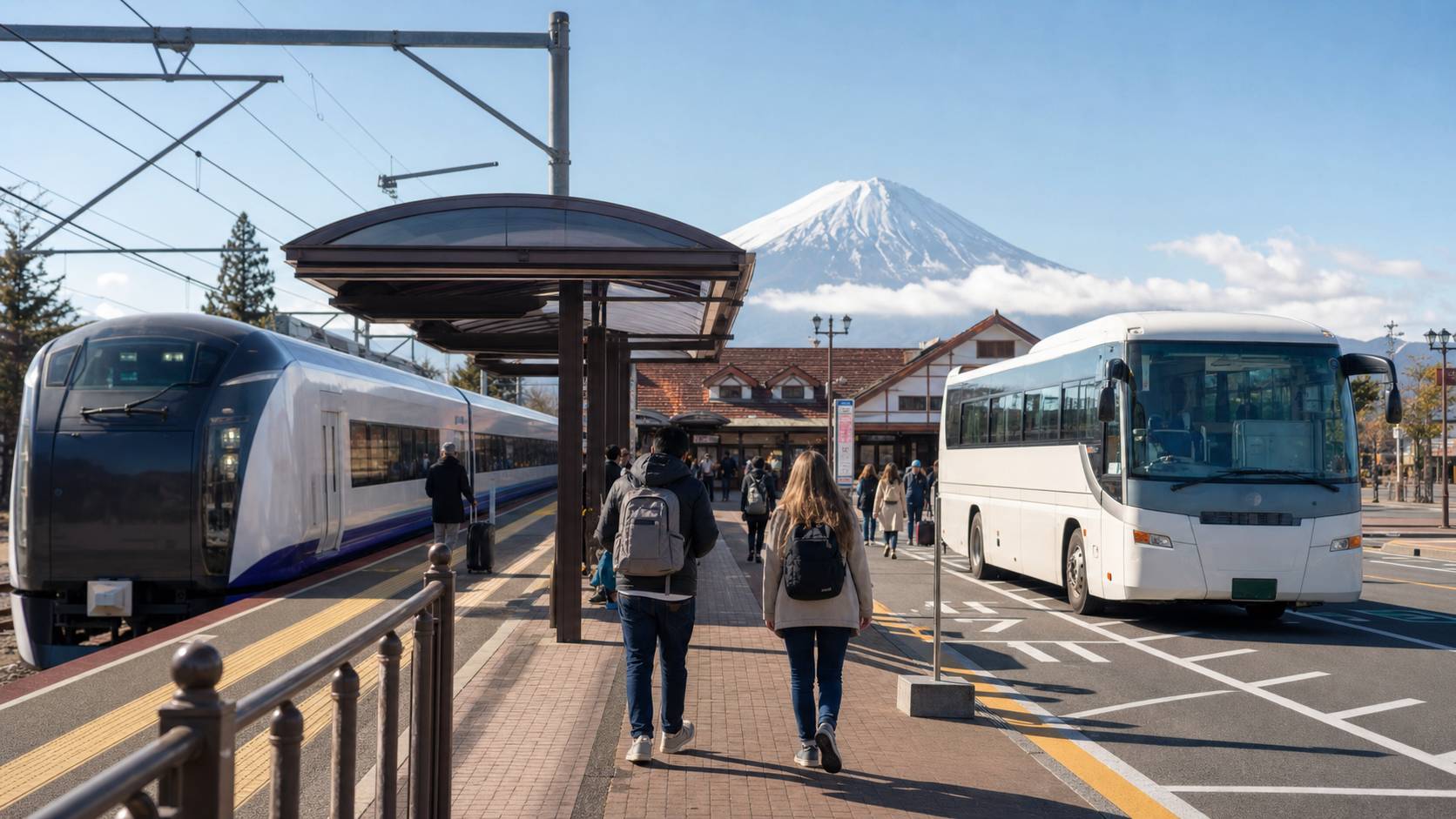 Train and highway bus options at the Kawaguchiko transport hub
