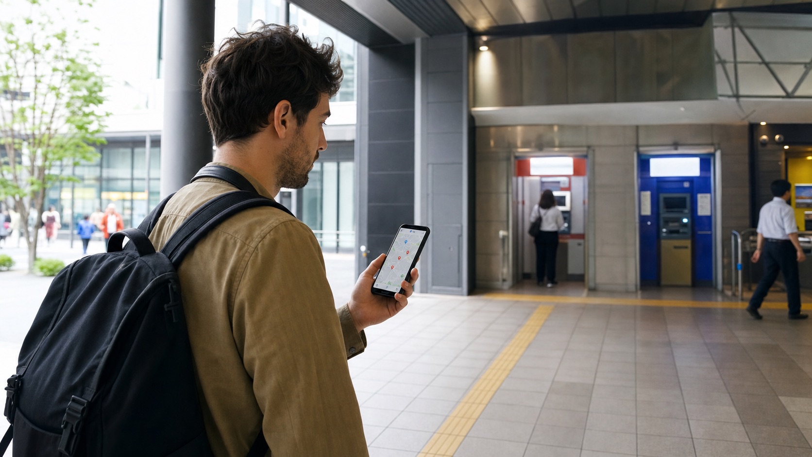 Traveler using a phone to find another ATM network in Japan