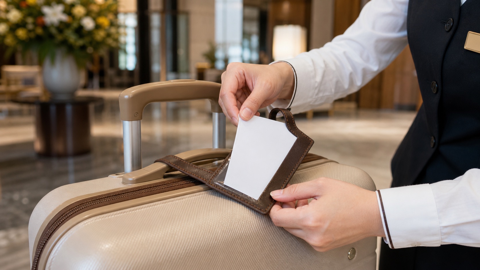 Hotel staff placing a blank luggage waybill on a suitcase in Japan