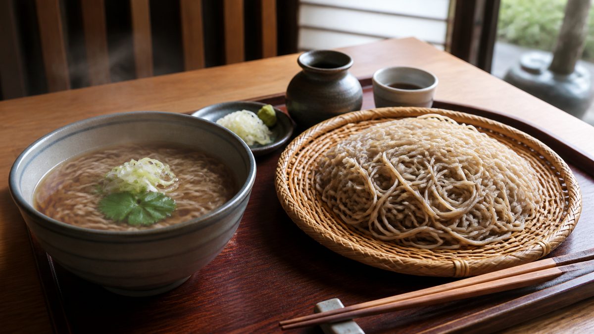 Cold soba tray and hot soba bowl on a Tokyo restaurant table