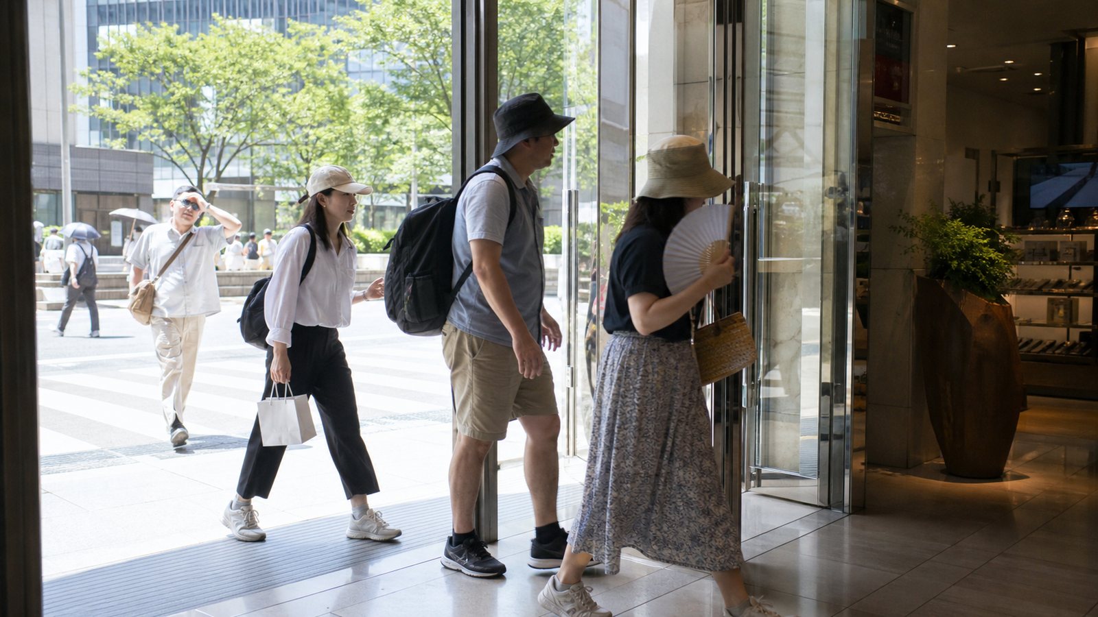 Tourists entering an indoor station building to cool down during summer sightseeing