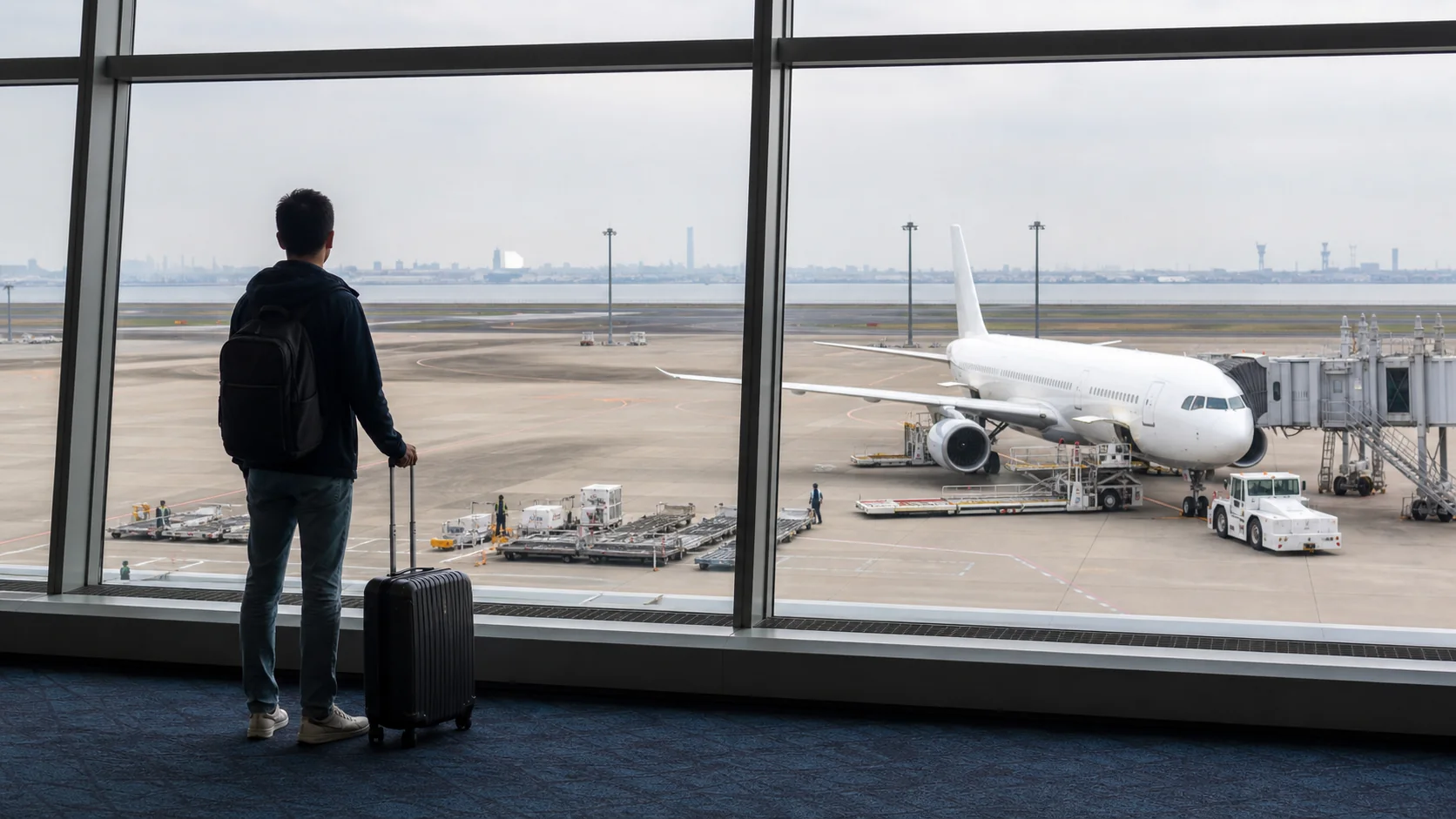 Traveler looking at a domestic flight from a Tokyo airport terminal