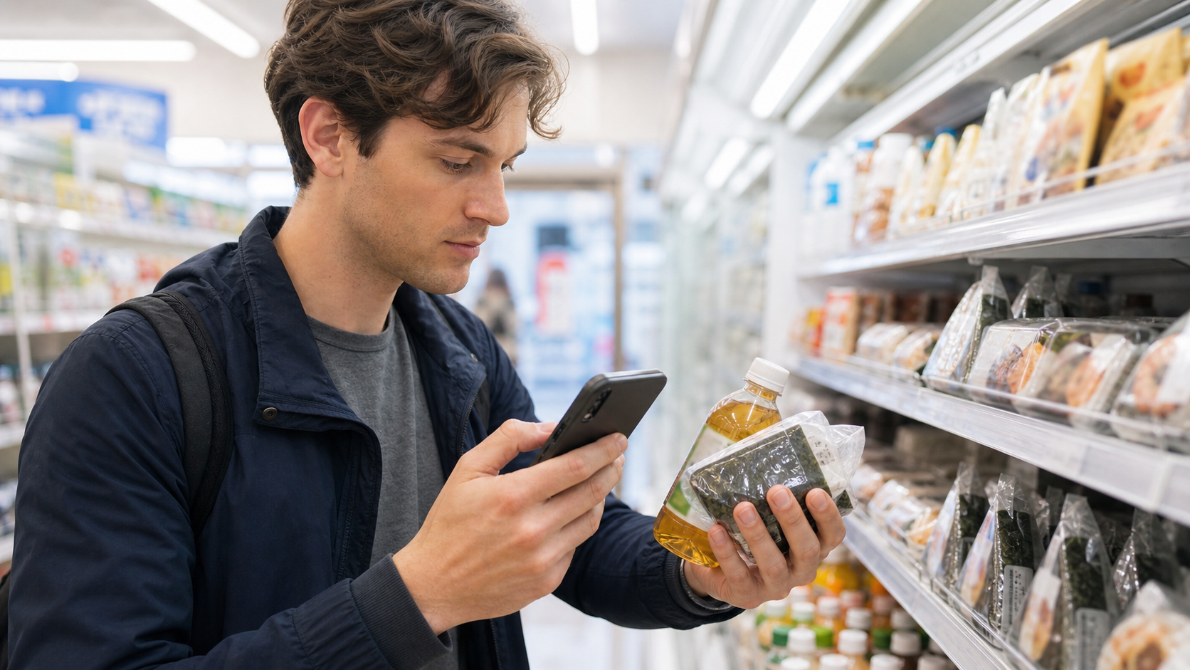 Photo-real AI image of a traveler checking allergen information on convenience-store food in Japan.