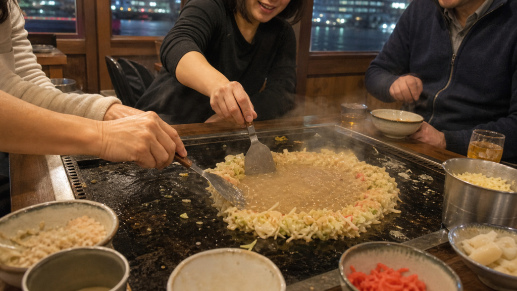 Guests cooking monjayaki on a tabletop grill aboard a yakatabune