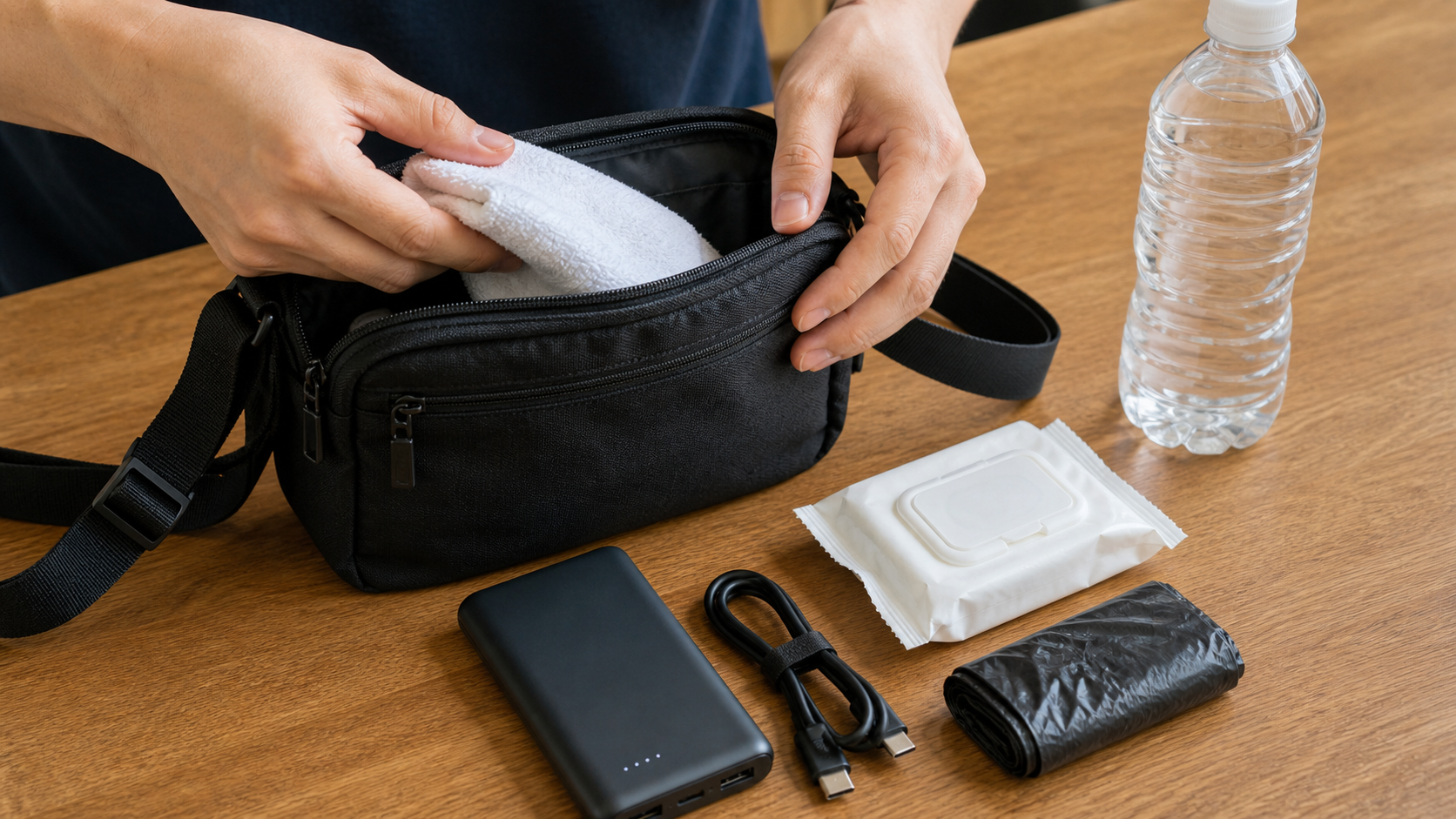 Photo-real AI image of a traveler preparing a compact festival bag.