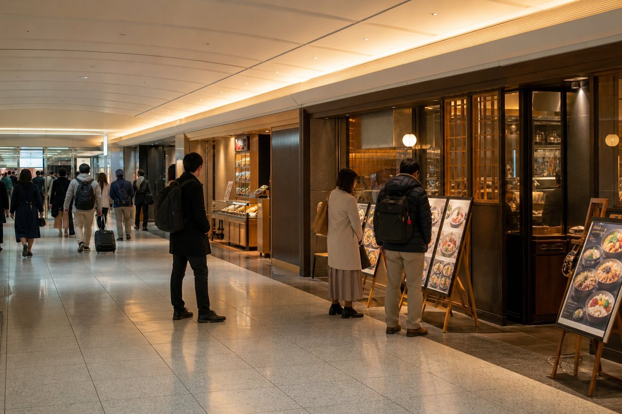 Indoor restaurant floor in a Tokyo station building with travelers choosing where to eat.