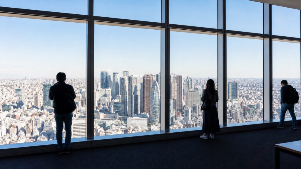 Indoor observation room overlooking the Shinjuku skyline