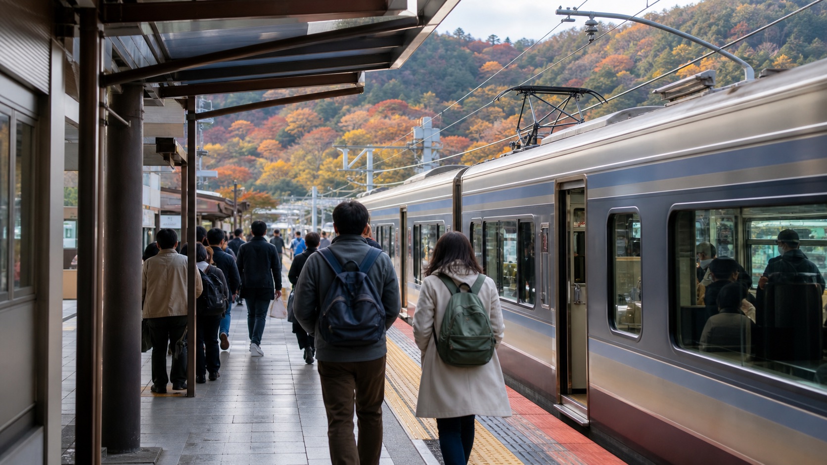 Travelers arriving by local train near Arashiyama in autumn