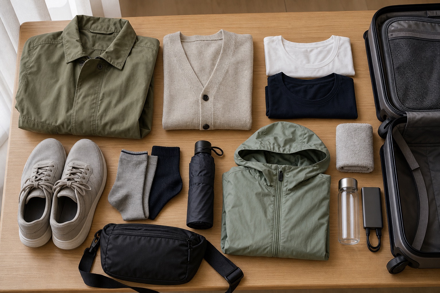 Light jacket, cardigan, walking shoes, umbrella, and other items packed for Tokyo in October