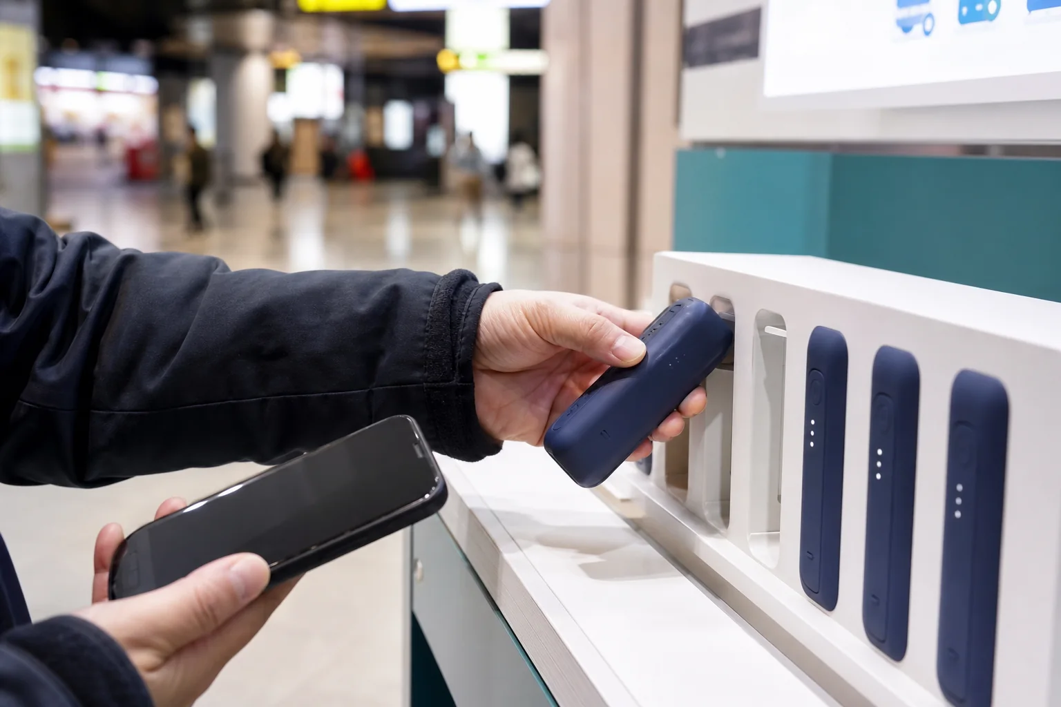 Traveler removing a rental mobile battery from a charging stand in Japan.