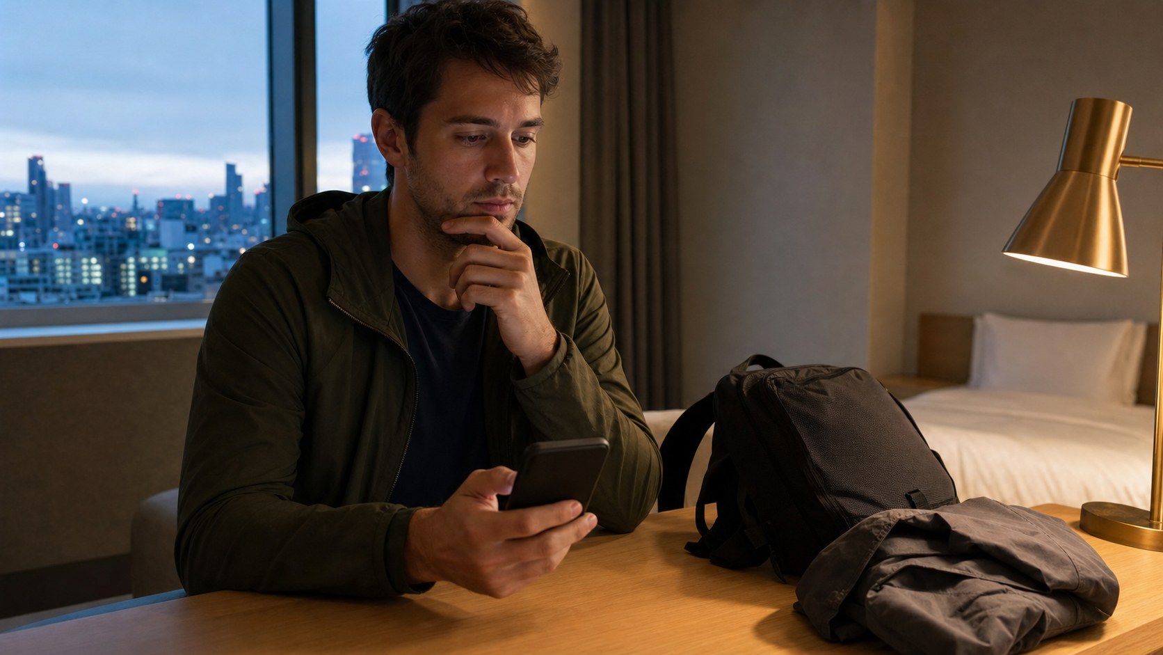 Traveler checking a phone before a Mount Fuji day trip