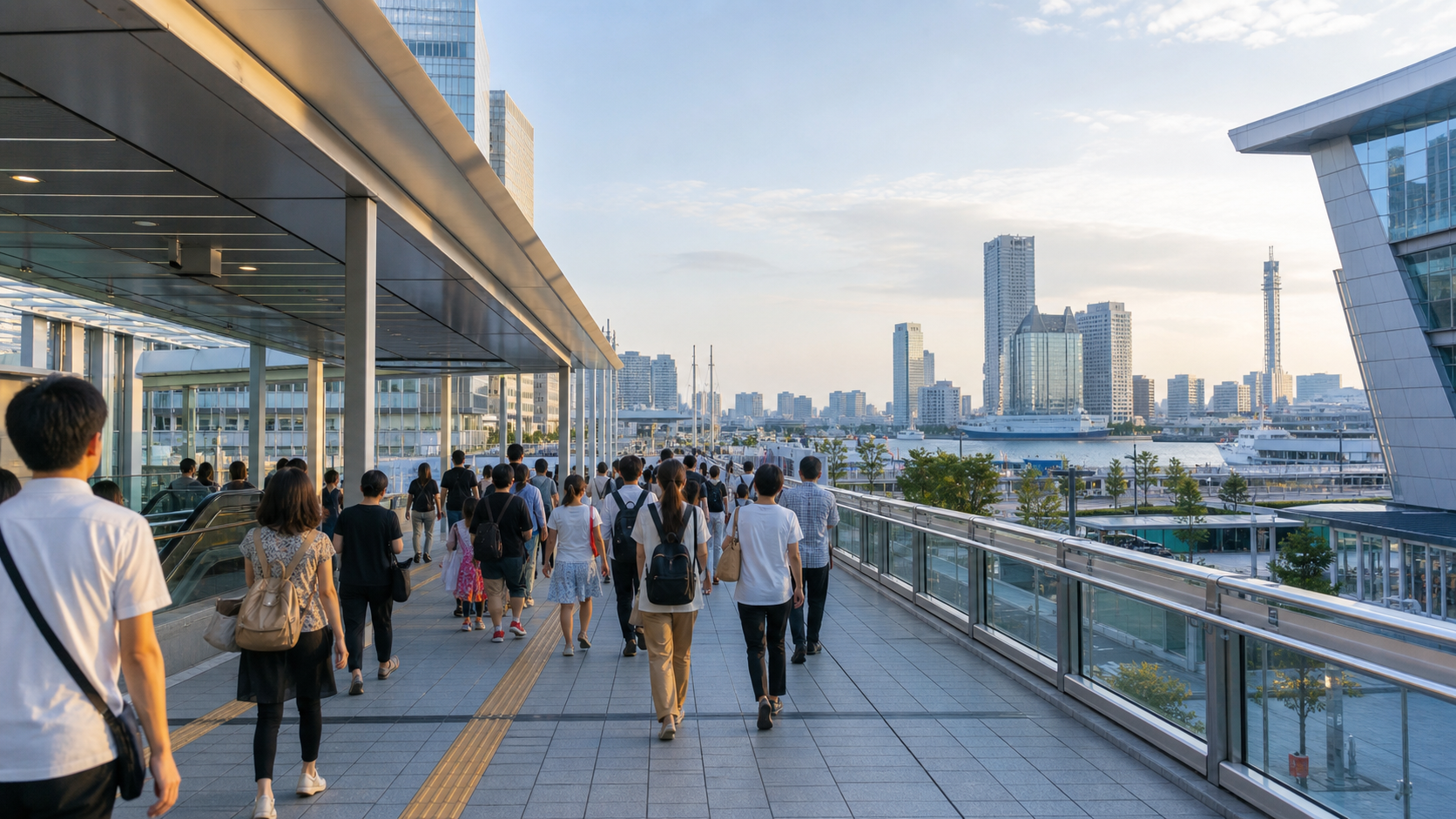 Travelers walking from transit toward the Tokyo Bay waterfront