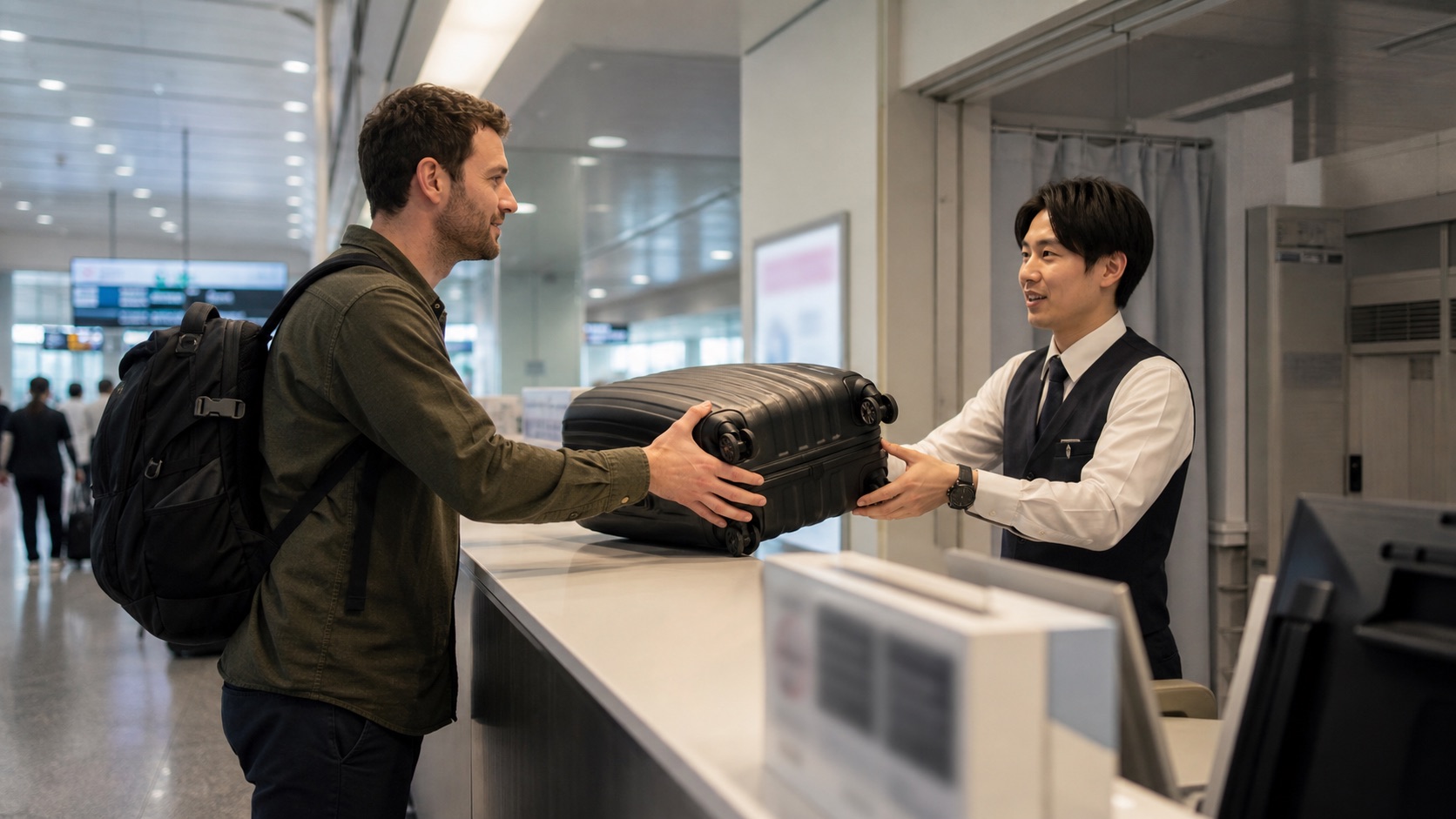 Traveler handing a suitcase to an airport delivery counter in Japan