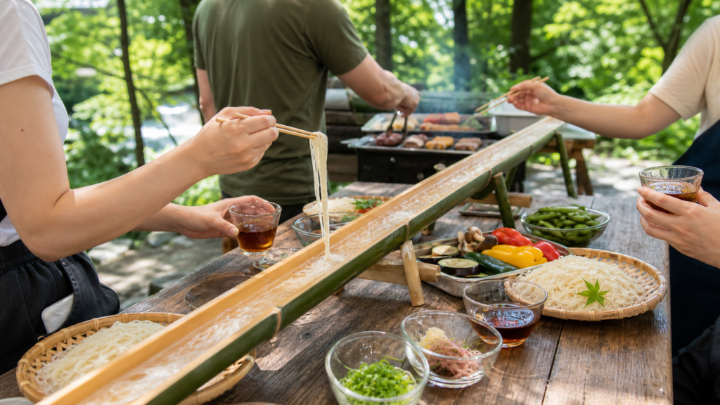 Casual outdoor group nagashi somen and barbecue-style summer meal