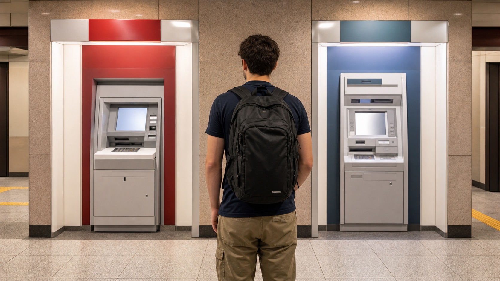 Traveler comparing two ATM options in a Japanese station concourse