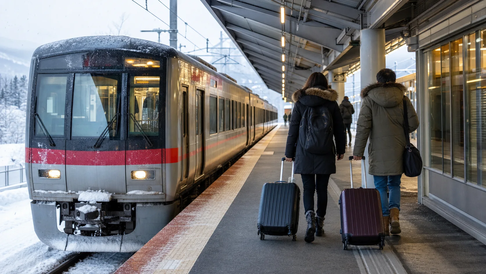 Travelers boarding an airport train on a snowy Hokkaido platform