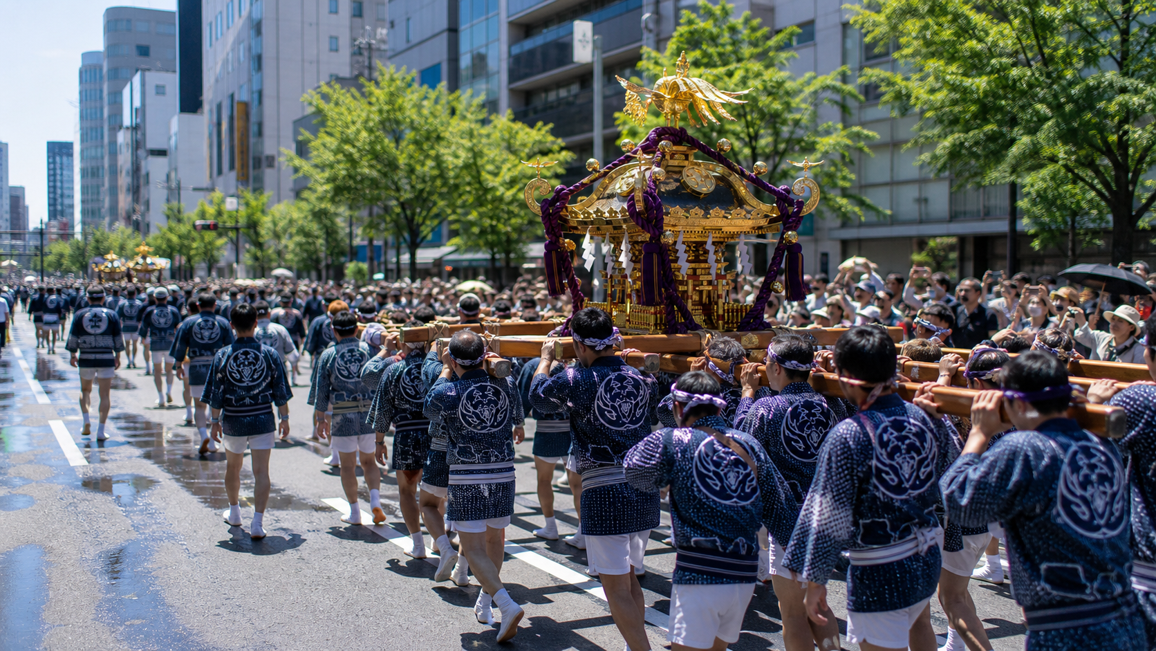 Mikoshi procession moving along a broad Tokyo street in summer.