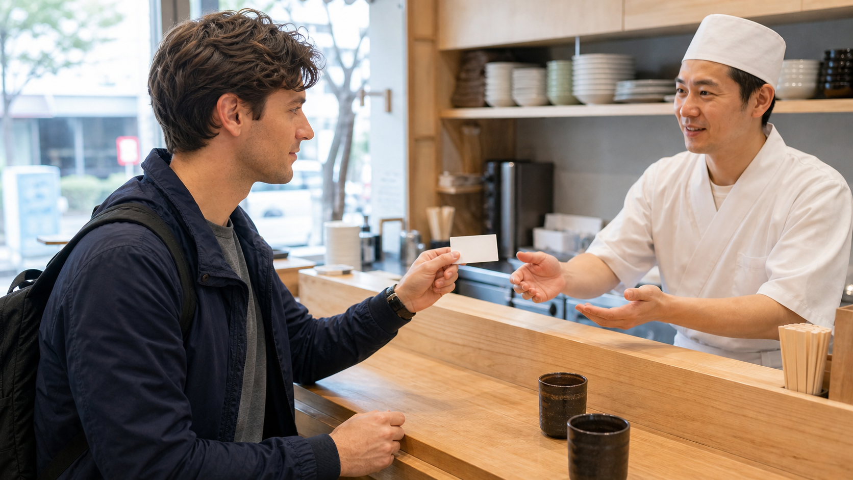 Photo-real AI image of a traveler showing a Japanese allergy card to restaurant staff.