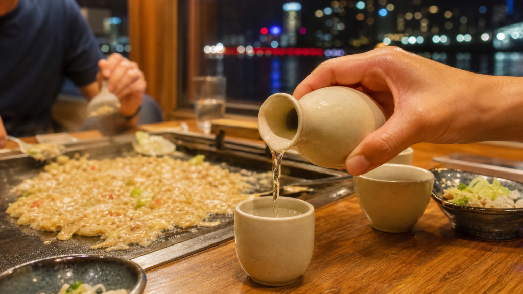 Japanese sake and monjayaki served on a Tokyo yakatabune cruise