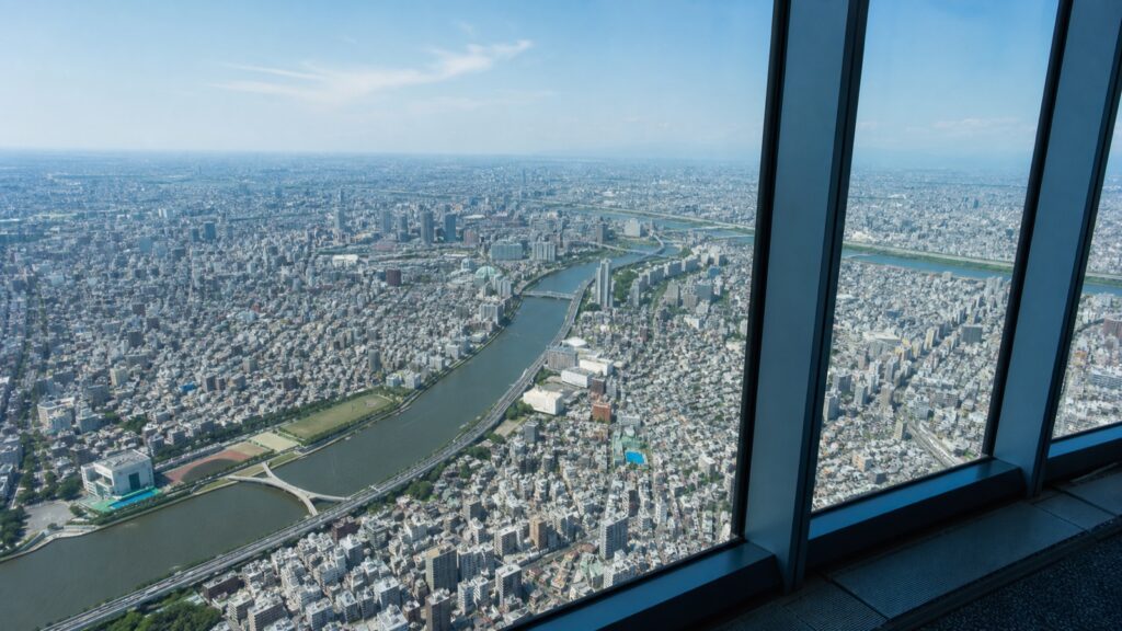 High view across east Tokyo and the Sumida River