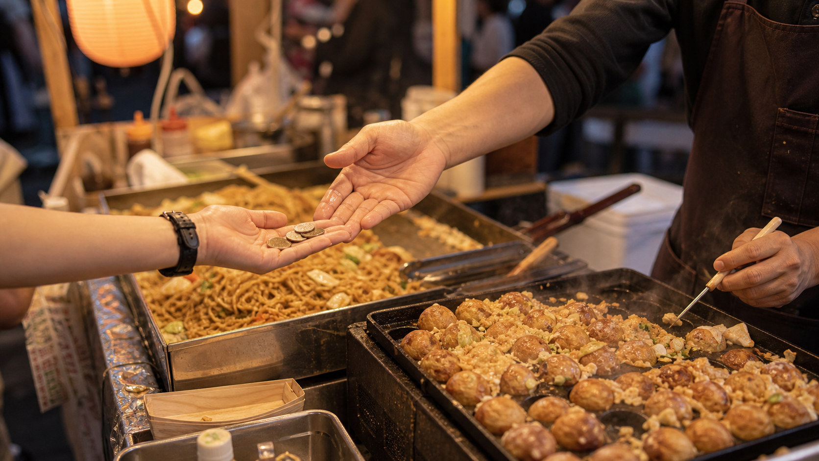 Photo-real AI image of a visitor paying small cash at a Japanese festival food stall.