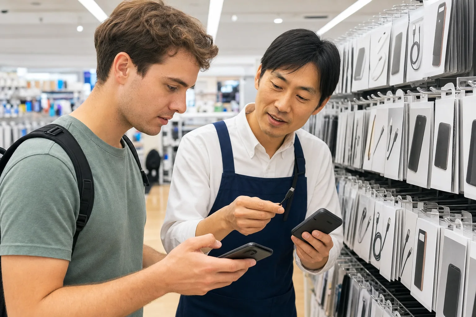 Traveler asking electronics shop staff to confirm a compatible phone charger and cable.