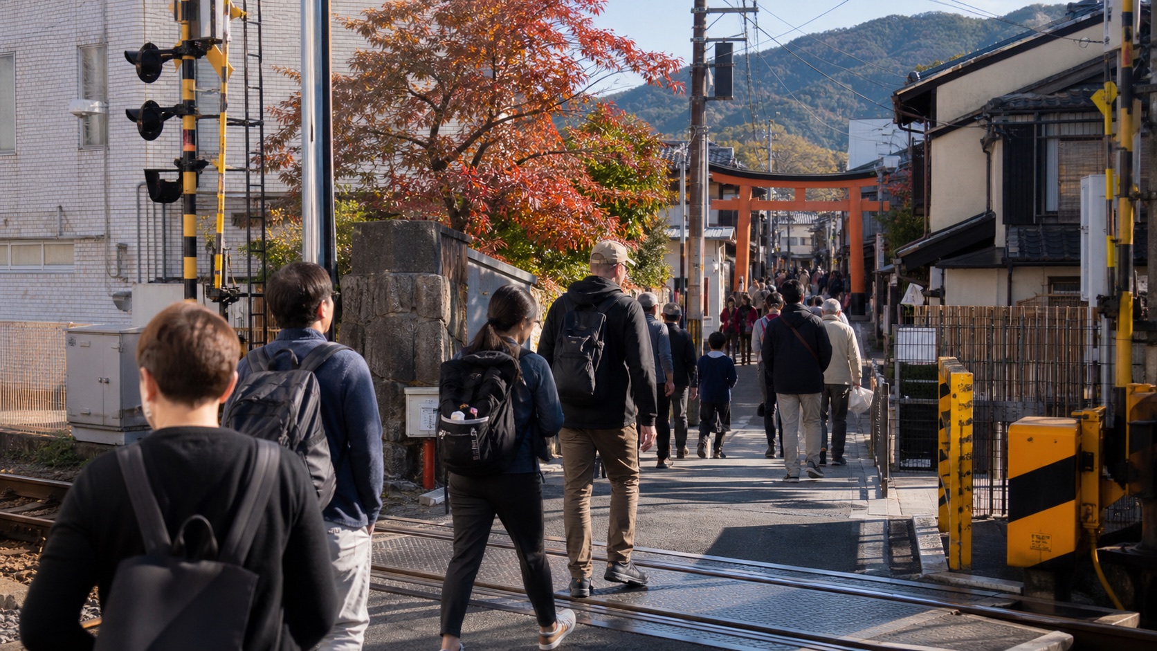 Visitors walking from a local railway station toward Fushimi Inari