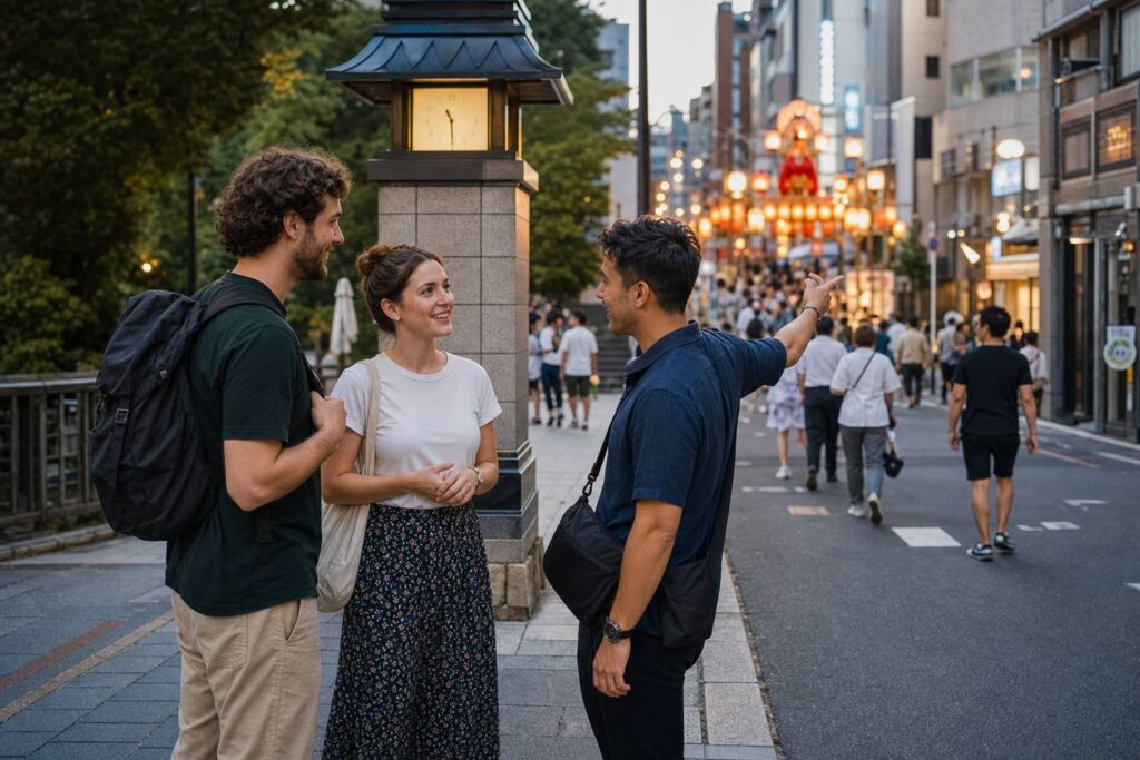 Travelers meet at a quiet landmark outside a busy festival street